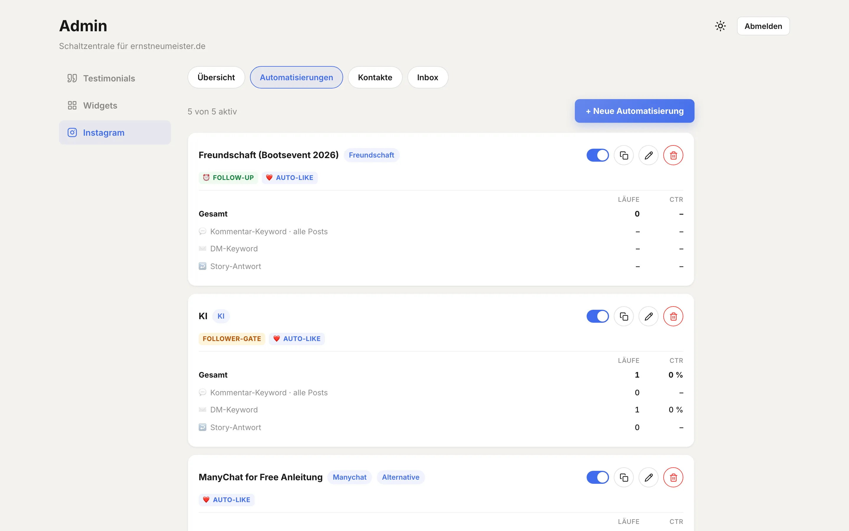 Automatisierungs-Übersicht mit allen Flows, Statistiken und dem Button für eine neue Automatisierung