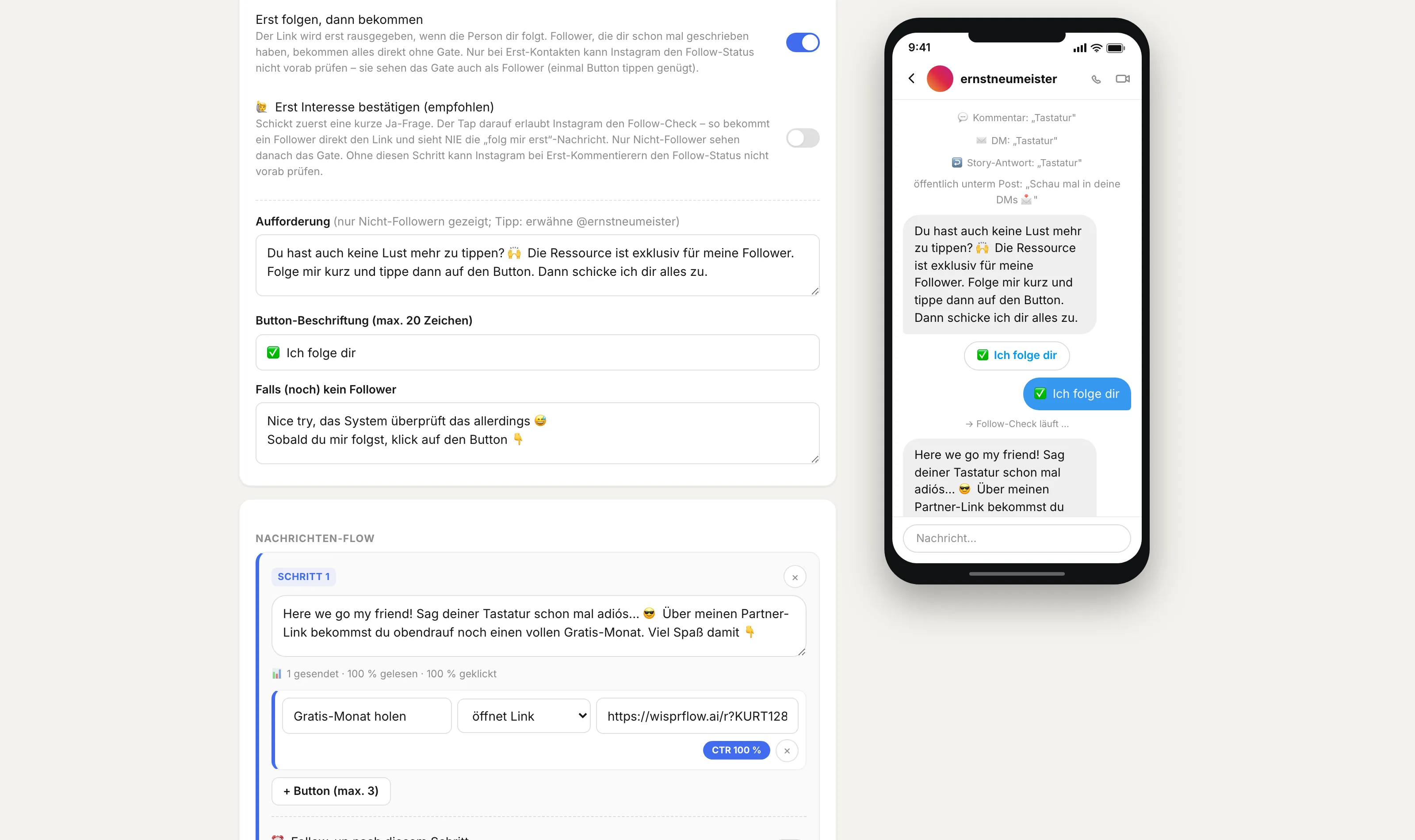 Editor-Ansicht: Follower-Gate-Einstellungen mit Aufforderungstext, Button-Beschriftung und dem ersten Nachrichten-Flow-Schritt samt Statistik
