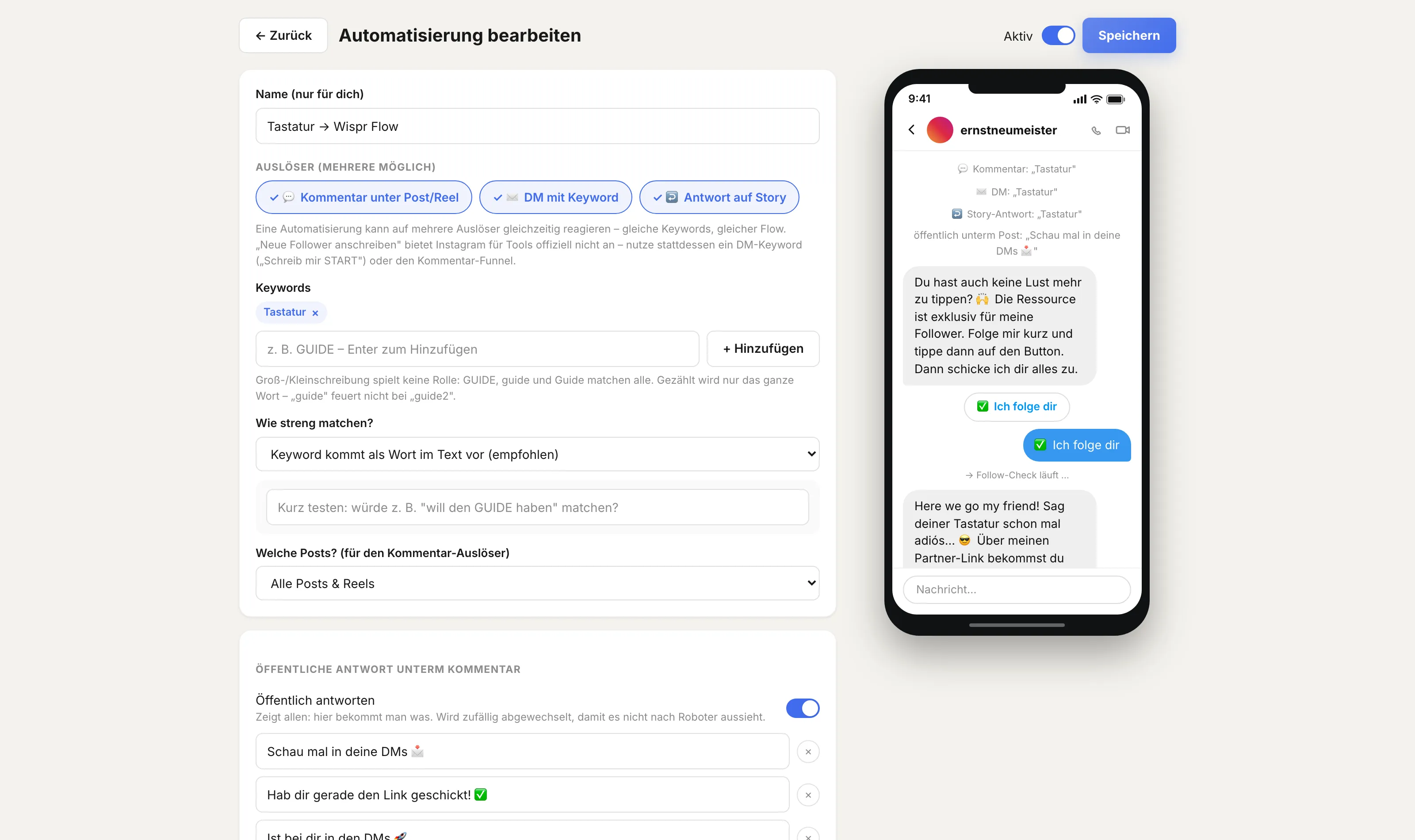 Der selbstgebaute Automatisierungs-Editor: links Trigger und Keywords, rechts eine Handy-Vorschau der Unterhaltung