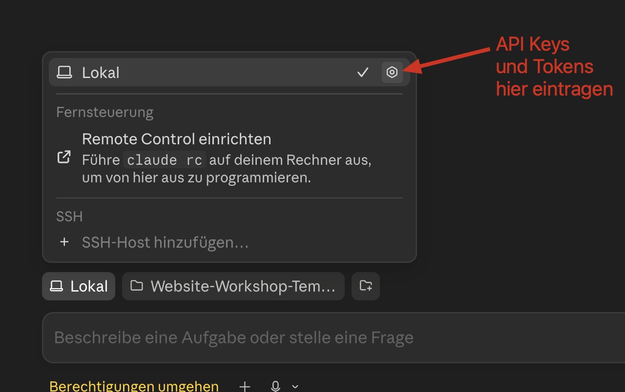 Screenshot von Claude Code: Auf 'Lokal' geklickt öffnet sich ein kleines Menü. Das Zahnrad-Symbol oben rechts (rot markiert) öffnet die API-Keys & Tokens-Einstellung.