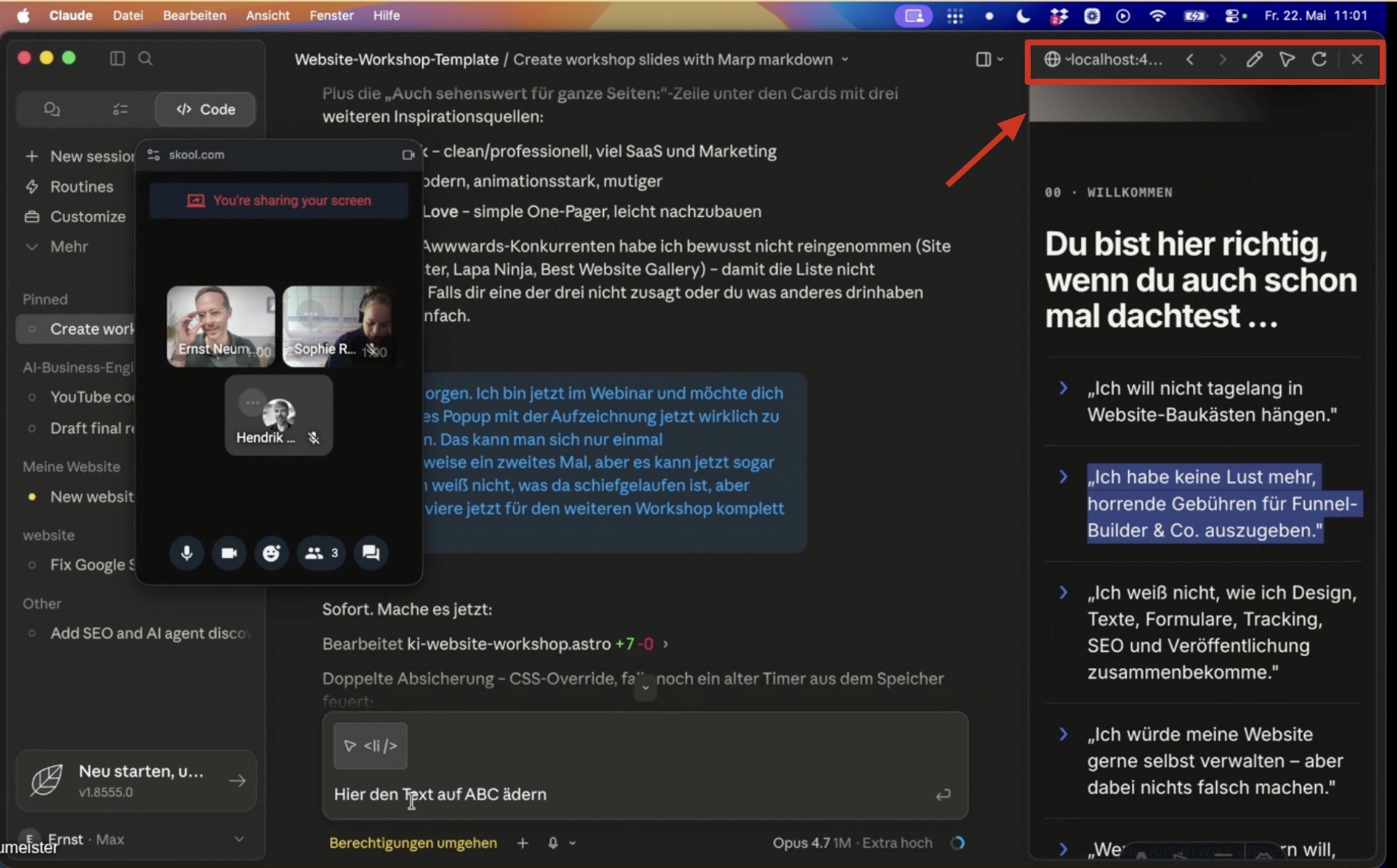 Screenshot von Claude Code mit der integrierten Live-Vorschau rechts (rot markiert) und dem Element-Selector unten im Eingabe-Feld