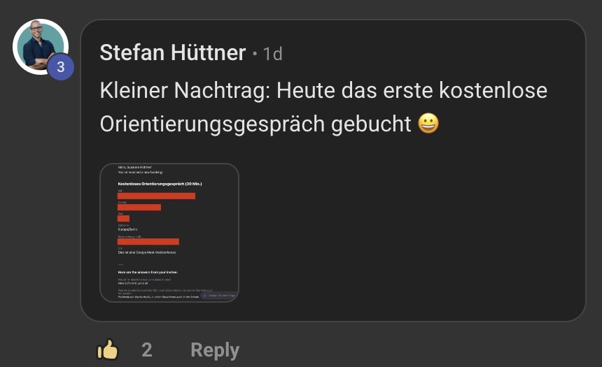 Stefans Nachtrag in Skool: Heute das erste kostenlose Orientierungsgespräch gebucht